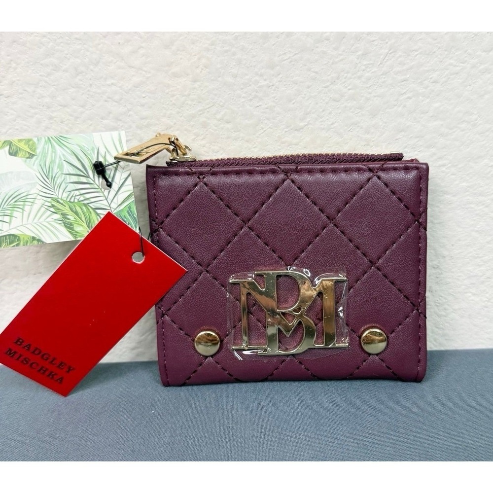 Badgley Mischka Plum Quilted Logo Zip-Around Women's Short Card Wallet